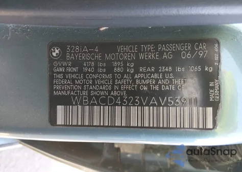 1997 BMW 328I from USA, damaged, VIN WBACD4323VAV53911